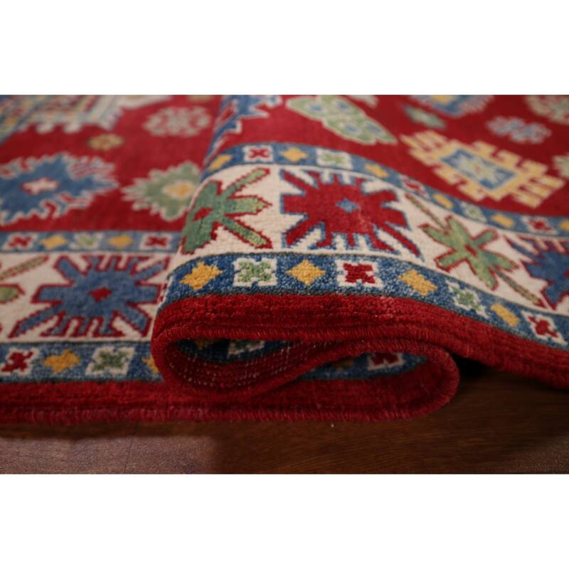 Oriental Kazak Area Rug Hand-Knotted Geometric Red Wool Carpet - 4'0" x 5'8"