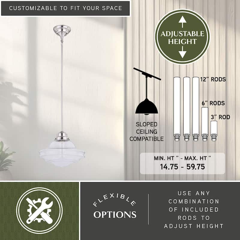 Huntley 1 Light Satin Nickel Farmhouse Schoolhouse Pendant Clear Glass - 12-in W x 14.75-in H x 12-in D