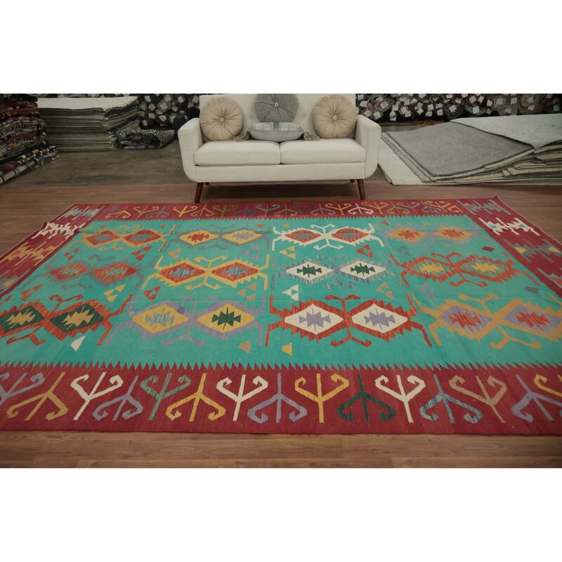 Hand Woven Oriental 100% Wool Carpet Southwestern Tribal Navy Blue & Blues Kilim Area Rug - 12' 0'' X 8' 10''