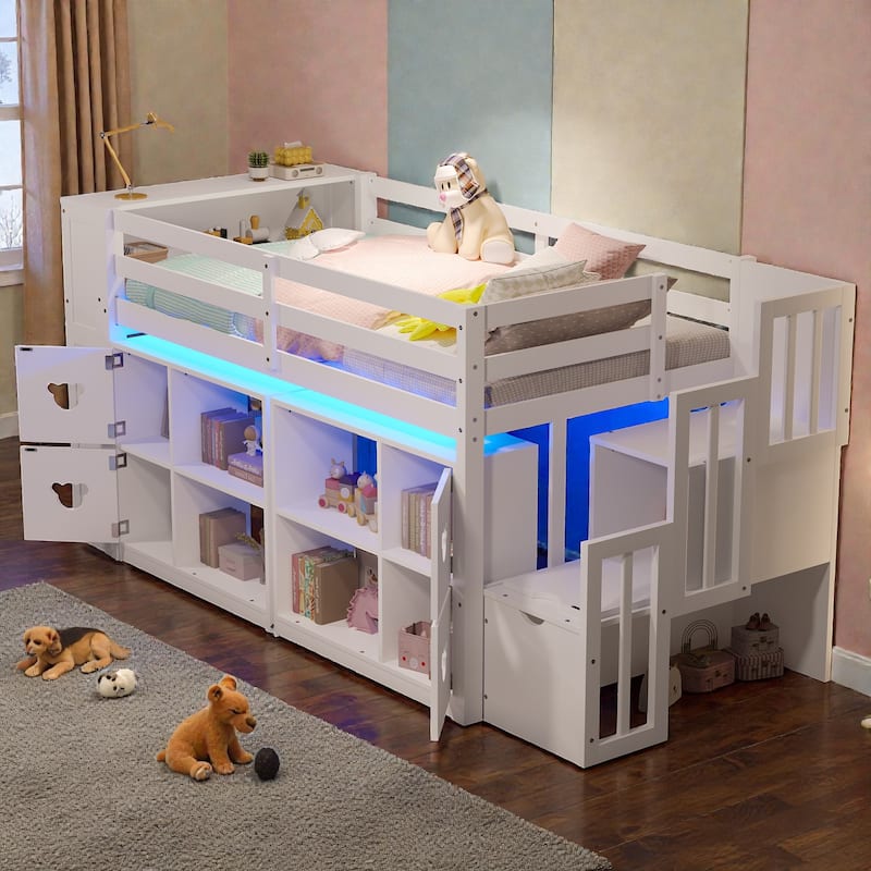 Twin Low Loft Bed with Storage Headboard, Shelves, Stair Drawers & LED Lights, Space-Saving Kids Wooden Loft Frame - White - Twin