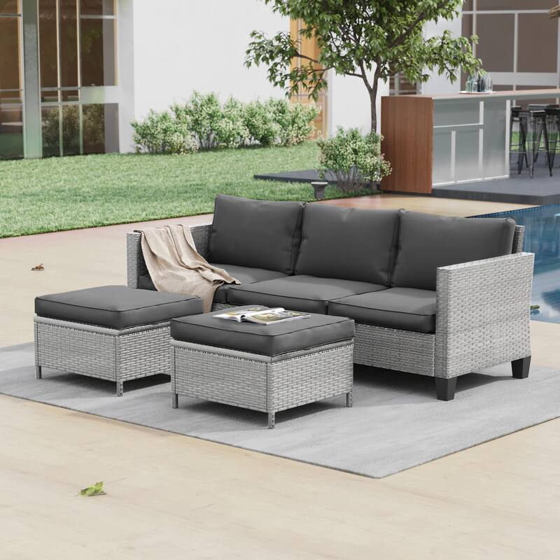 LIVOOSUN 3Pcs Patio Furniture Conversation Brown Rattan Patio Sofa Set - Gray/Gray