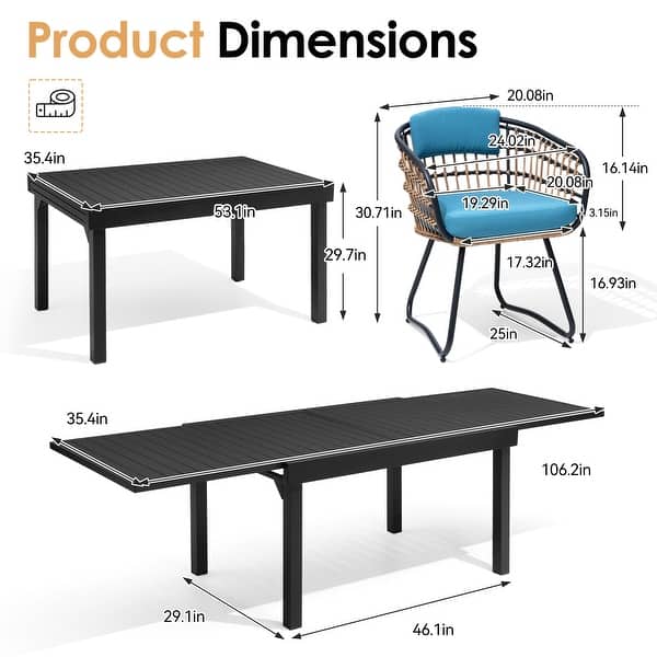 dimension image slide 2 of 6, 7/11PC Outdoor Aluminum Expandable Patio Dining Sets Extension Table with Rattan Chair