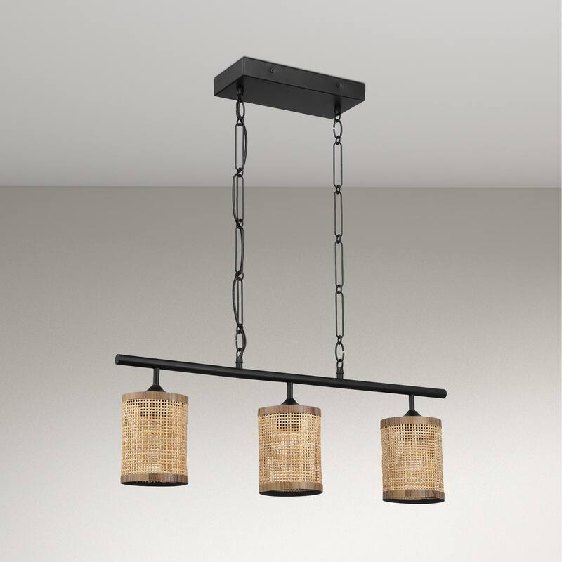 Sian Three-Light Island Pendant Lamp, Natural Rattan Shade - Black