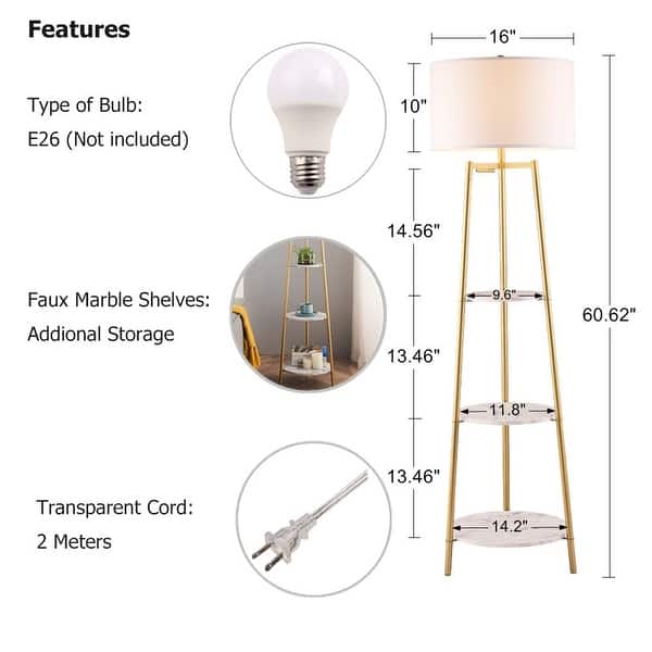 dimension image slide 2 of 3, ROSEN GARDEN Floor Lamp, Standing Reading Light with 3 Shelves