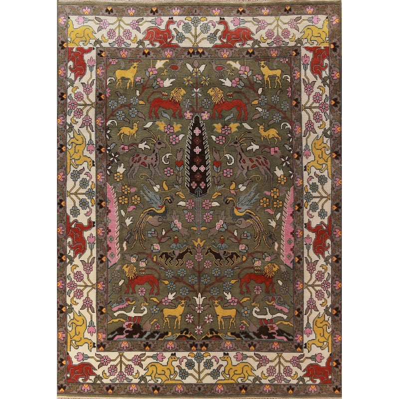 Hunting Animals Green Ziegler Indian Area Rug Handmade Wool Carpet - 9'1"x 11'11"