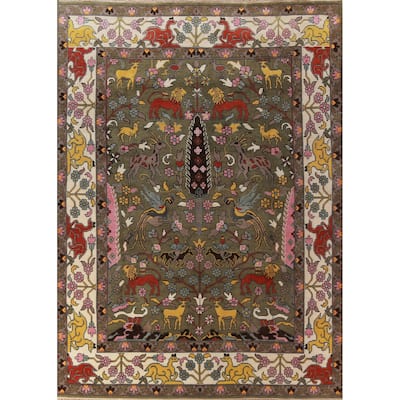 Hunting Animals Green Ziegler Indian Area Rug Handmade Wool Carpet - 9'1"x 11'11"