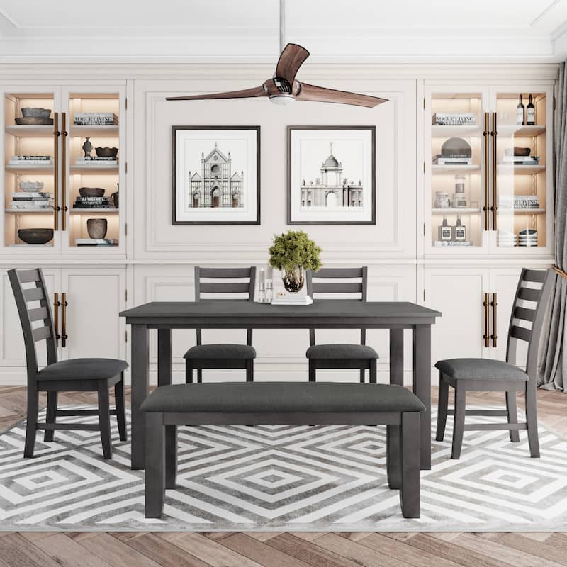 Dining Room Table and Chairs with Bench, Rustic Wood Dining Set, Set of 6