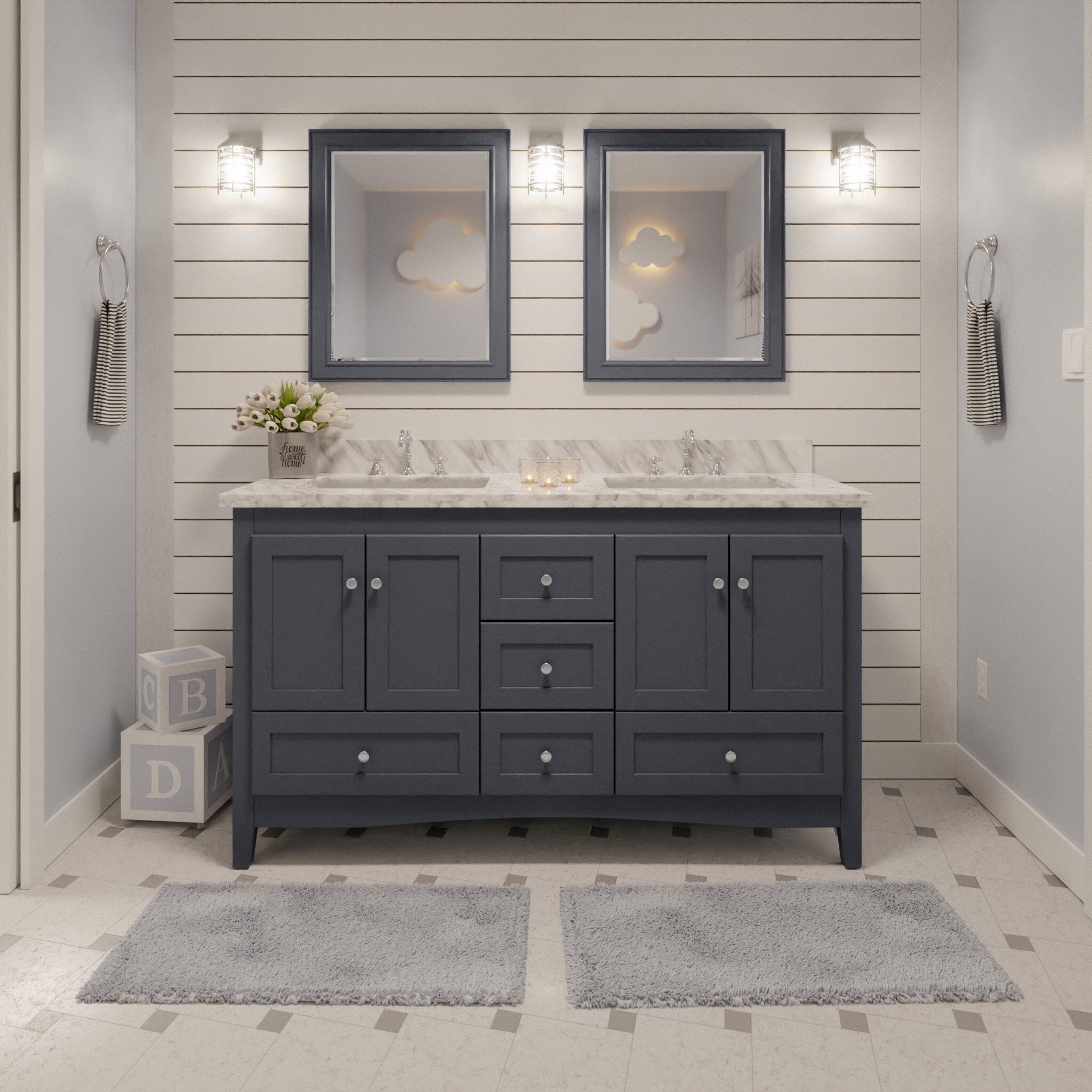 Harper 60-inch Double Vanity with Carrara Marble Top  Double vanity  bathroom, Farmhouse bathroom vanity, Bathroom vanity