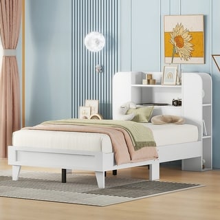 Twin/Full Size Platform Bed with Storage Headboard, White/Gray Finish, Durable Particle Board Construction, for teenagers.