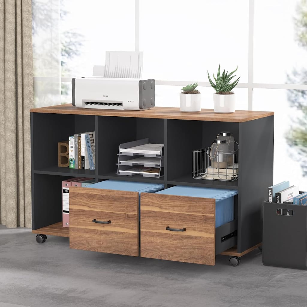 47" Wheeled Lateral File Cabinet, Mobile Printer Stand with 2 Drawers & Open Storage for Home Office