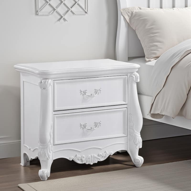 Maver Nightstand with 2 Drawers Scrolled Details, 32 Inch White Wood