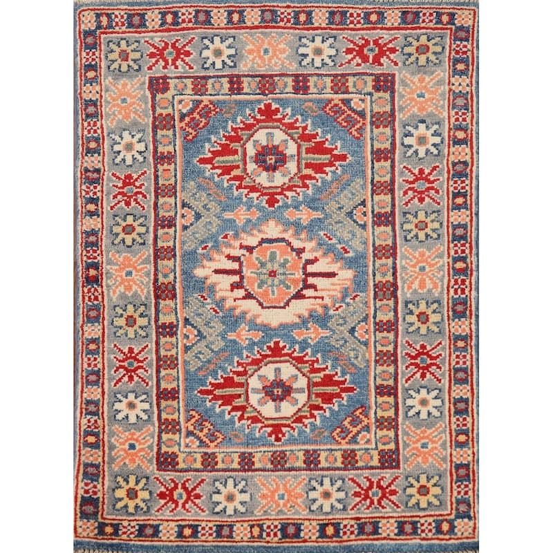 Traditional Kazak Rug Handmade Blue Oriental Wool Carpet - 2'0"x 3'0"