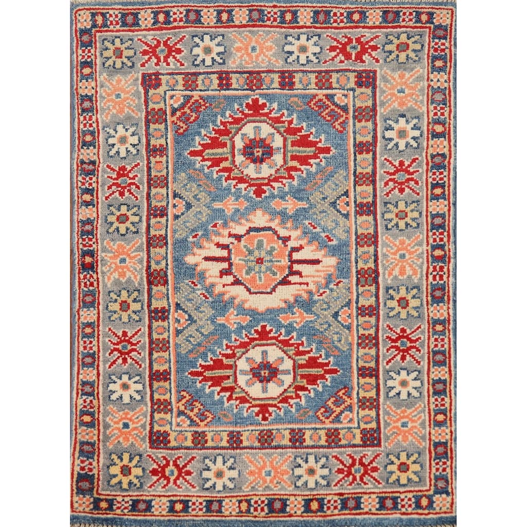 Traditional Kazak Rug Handmade Blue Oriental Wool Carpet - 2'0"x 3'0"