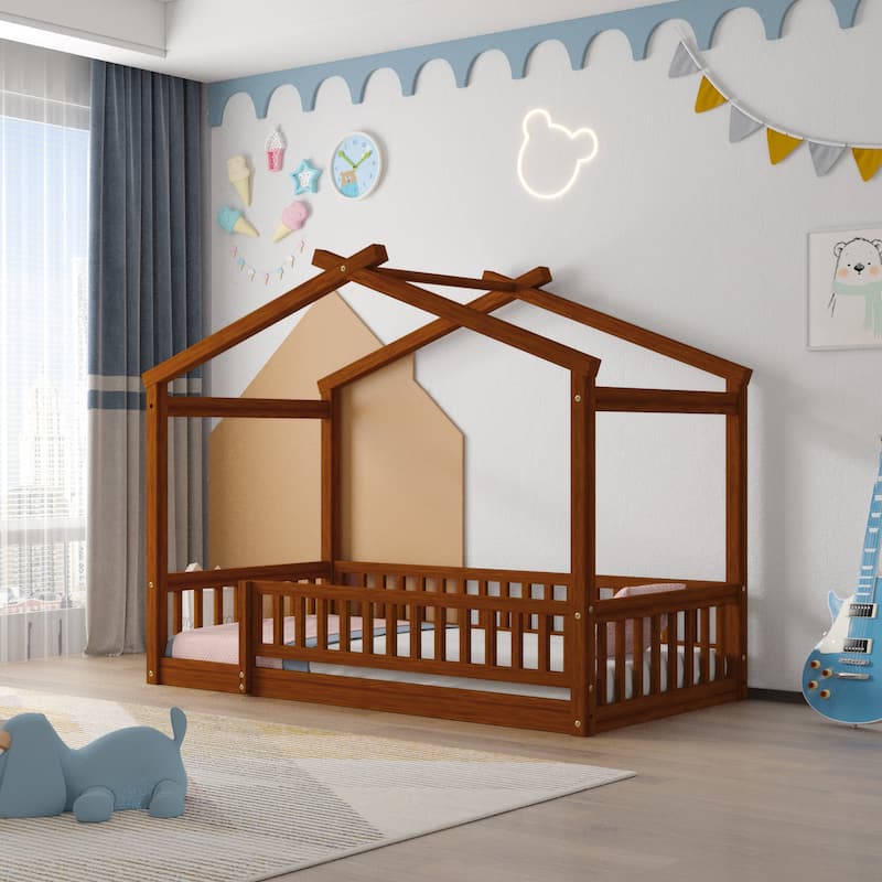 Twin Size Wooden House Bed Frame with Fence for Kids and Teens, Playhouse Design in Walnut