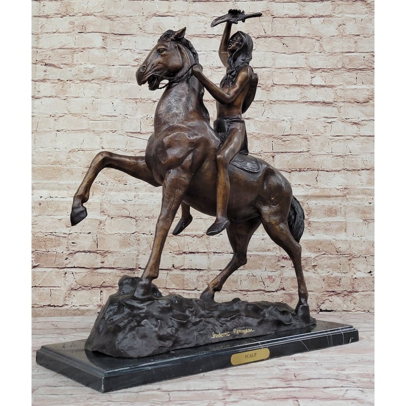 Scalp By Frederic Remington Bronze Native American Horseback Sculpture Statue 26 Inches X 22 Inches