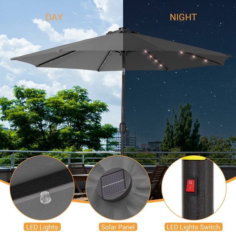 LIVOOSUN 9Ft Solar-powered Large Round Outdoor Patio Market Umbrella with Crank
