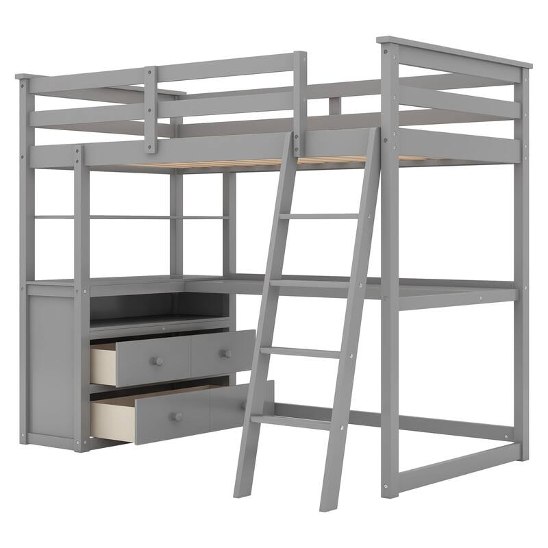 Loft Bed with Desk and Shelves, Two Built-in Drawers
