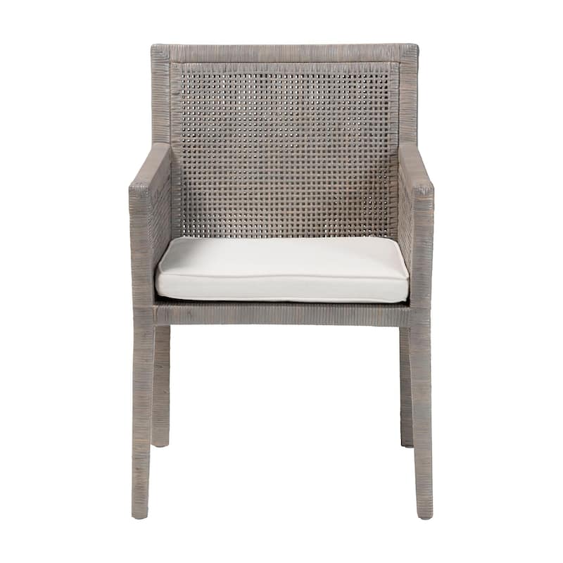 Karis Rattan Dining Chair - Handwoven Wicker Armchair with Mahogany Wood, Coastal Boho Style Indoor Seating