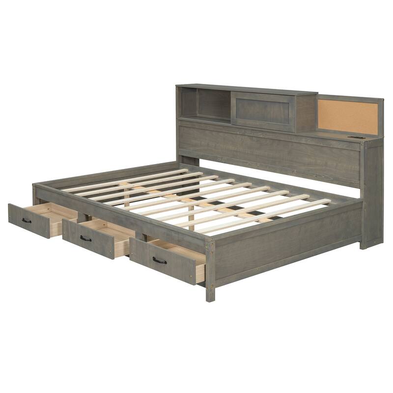 Full/Twin Size Built-in Storage Bed Versatile Wooden Daybed with 3 Drawers, Pushable Top Shelf, USB Ports and Power Outlets