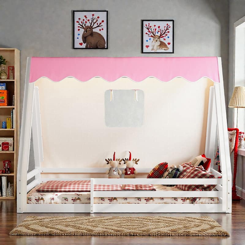 Montessori House Floor Bed with Tent and Lights, Solid Wood Teepee Bed with Guardrails, Twin/Full Kids Bed Frame - White Pink - Full
