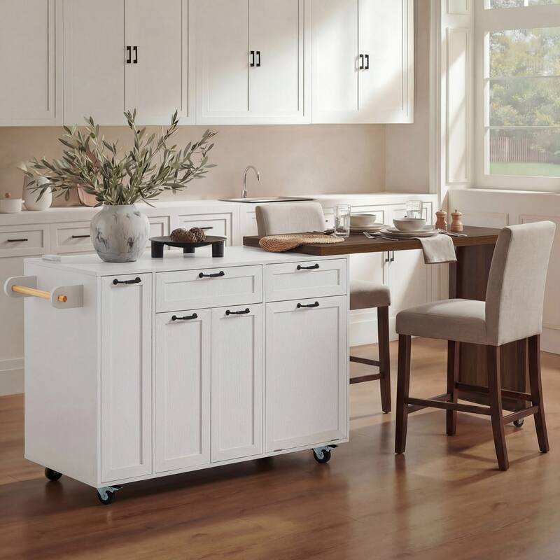 102.3" Kitchen Island with Extendable Table, Kitchen Rolling Island Cart with Trash Storage Cabinet, 3-Tier Pull-Out Spice Rack