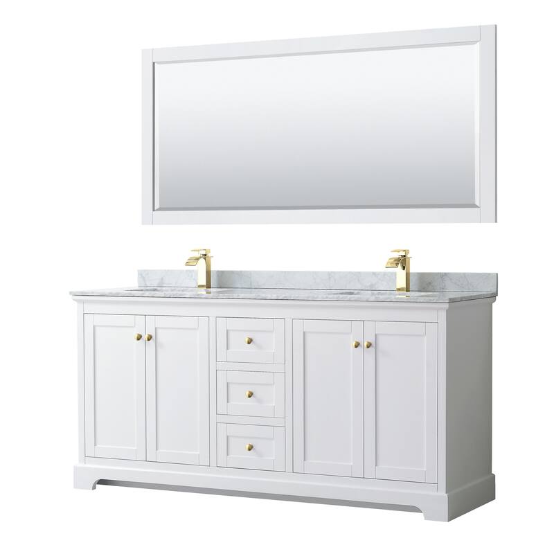 Wyndham Collection Avery 72" Free Standing Double Basin Vanity Set - White / White Carrara Marble Top / Brushed Gold - Painted