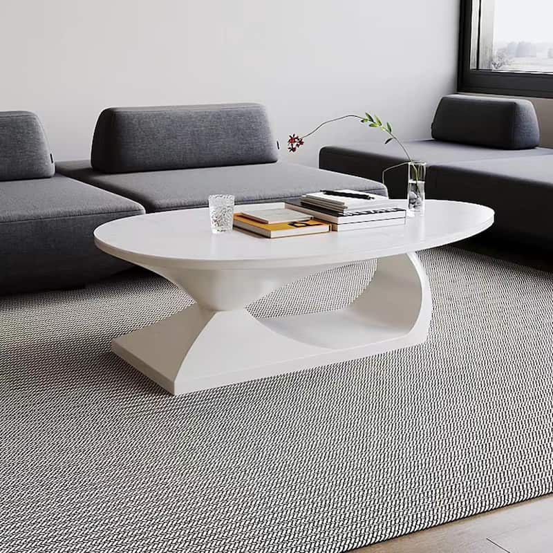 Modern Cream Style Oval Coffee Table Light Luxury Sintered Stone Top Coffee Table Wood/Faux Marble in Brown - White