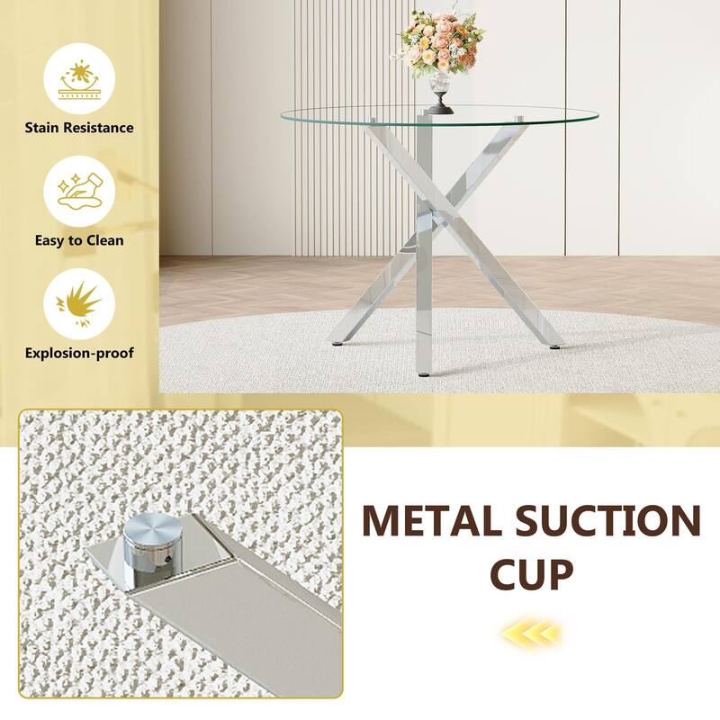 Round glass dining table suitable for 2-4 people diameter 39 inches, height 30 inches, X-shaped silver metal frame