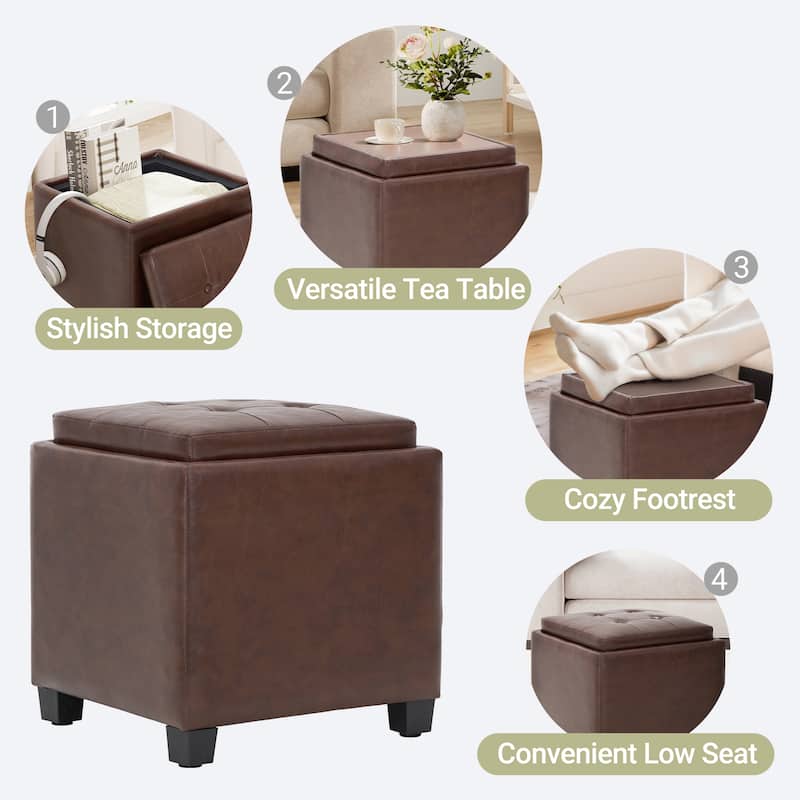 RENEWLINE ​18" Square Storage Ottoman with Tray - 250LBS Weight Capacity, Leather Upholstered Footstool for Living Room