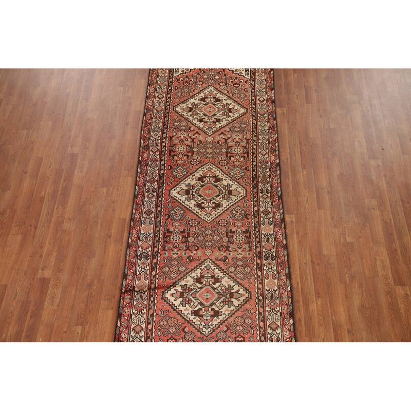 Hand Knotted Oriental 100% Wool Carpet Traditional Geometric Red Hamedan Runner Rug - 10' 3'' X 3' 6''