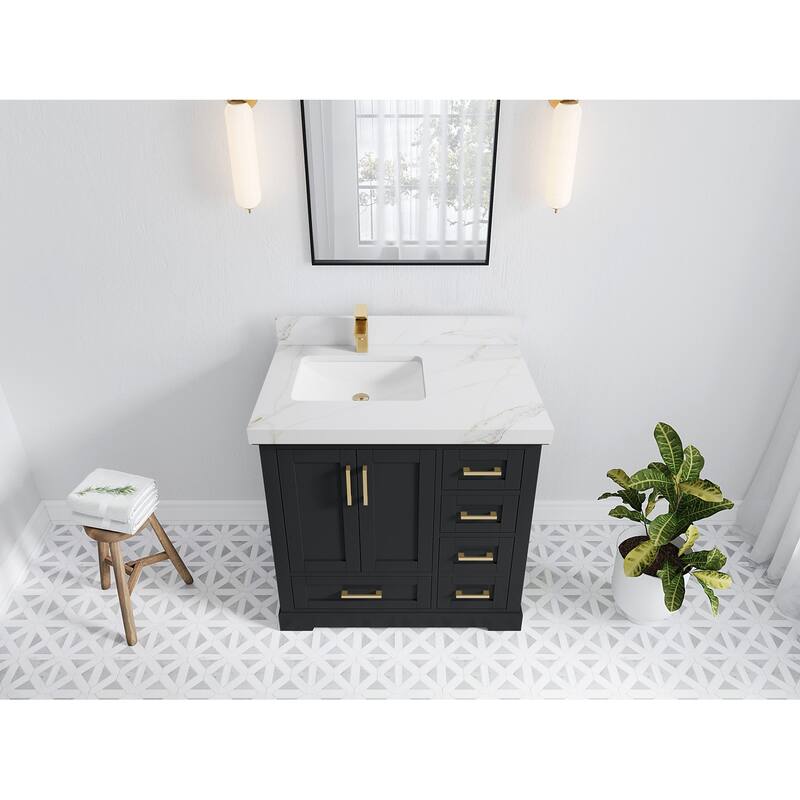 Willow Collections 36 x 22 Boston Left Offset Sink Bathroom Vanity with Quartz or Marble Countertop