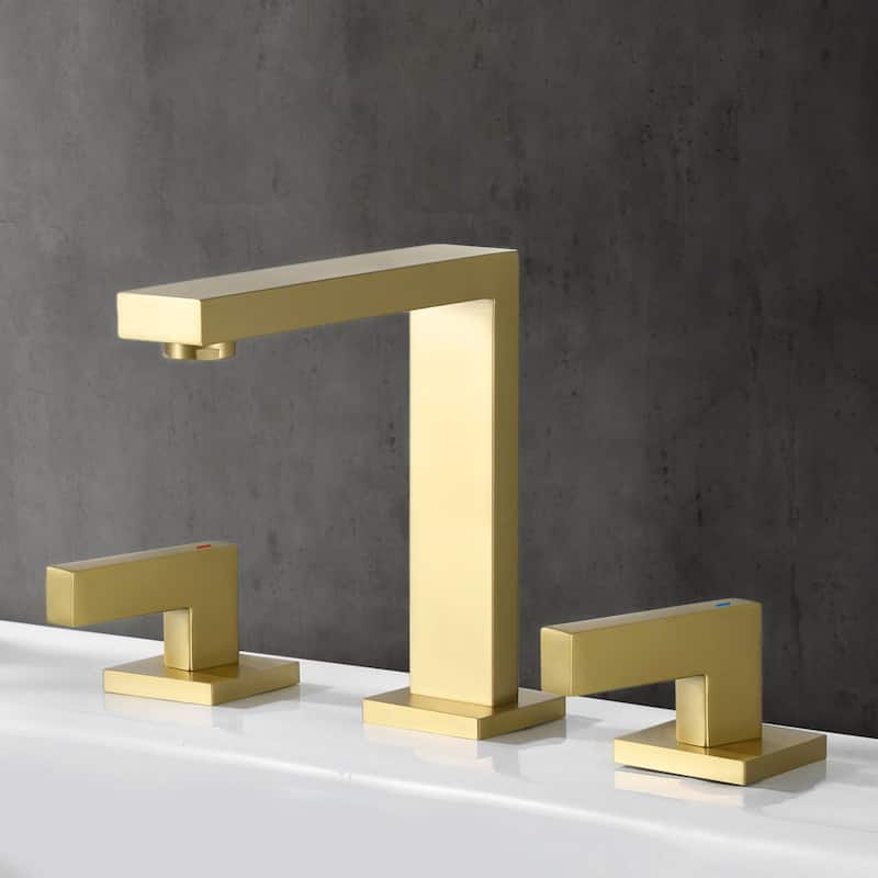 2 Handle 8 Inch Solid Brass Widespread Bathroom Sink Faucet - Brushed Gold