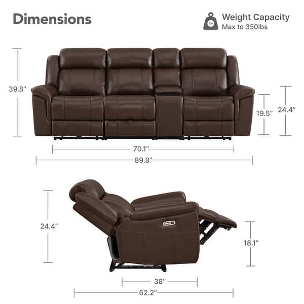 dimension image slide 6 of 8, Spruce & Spring Genuine Leather Power Reclining Sofa with Optional Console & Flip-Down Table