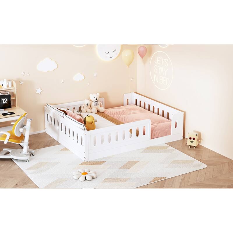 Roomfitters Full Size Wood Platform Bed with Semi-Enclosed Guardrail, Low Profile