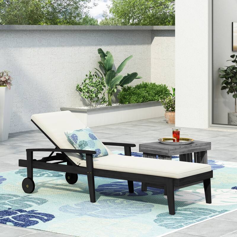 Roomfitters Jason Acacia Wood Outdoor Chaise Lounge with Cushion, Adjustable Recline