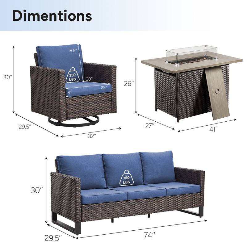 Outdoor Sofa 2 Glider Chairs and Fire Pit Table