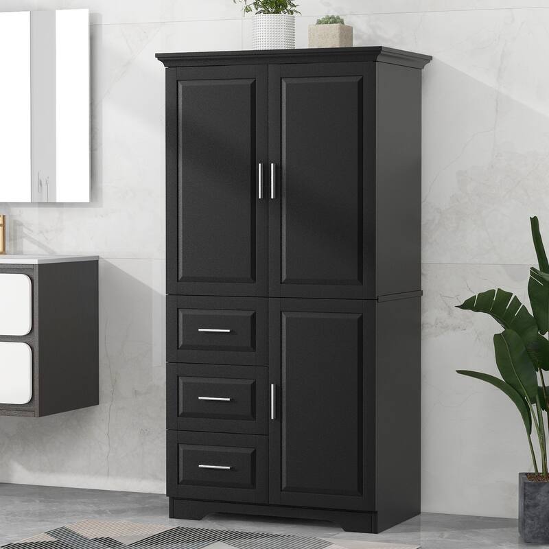 Freestanding Floor Storage Cabinet with 3 Door, 3 Drawers, Long Bar Handles and Adjustable Shelf for Office Living Room Bathroom - Black