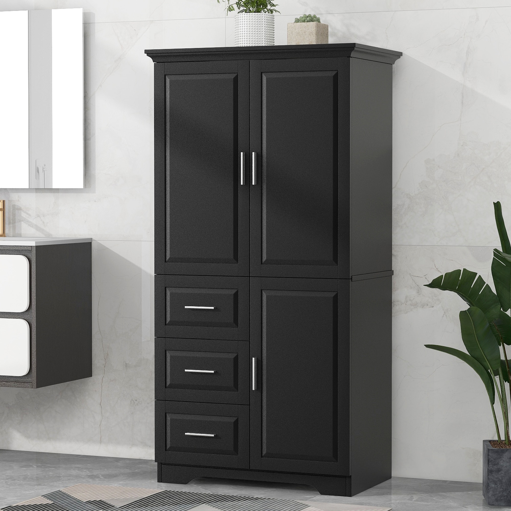 Roomfitters Tall and Wide Storage Cabinet with 3 Drawers and Doors for Bathroom or Office Freestanding Unit
