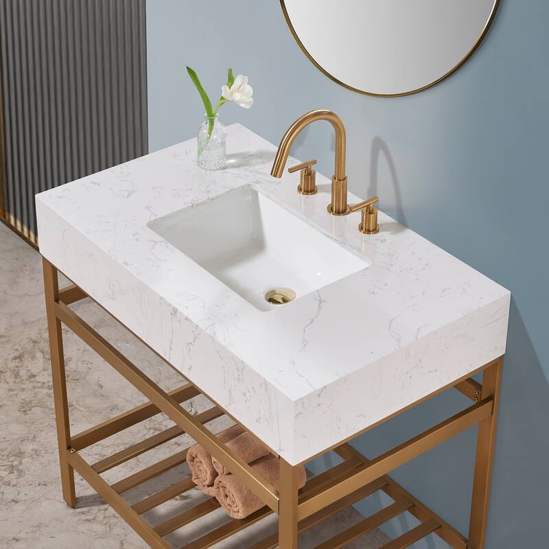 Altair Merano Stainless Steel Vanity Console with Stone Countertop and Mirror