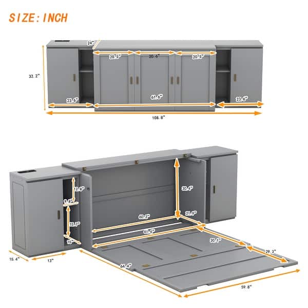 dimension image slide 0 of 4, Murphy Bed with Shelves, Cabinets and USB Ports
