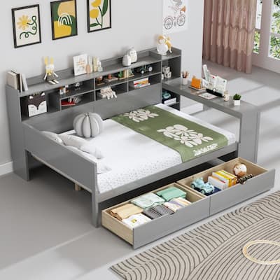 Full Size Wooden Daybed with Storage Shelves, 2 Storage Drawers and Study Desk