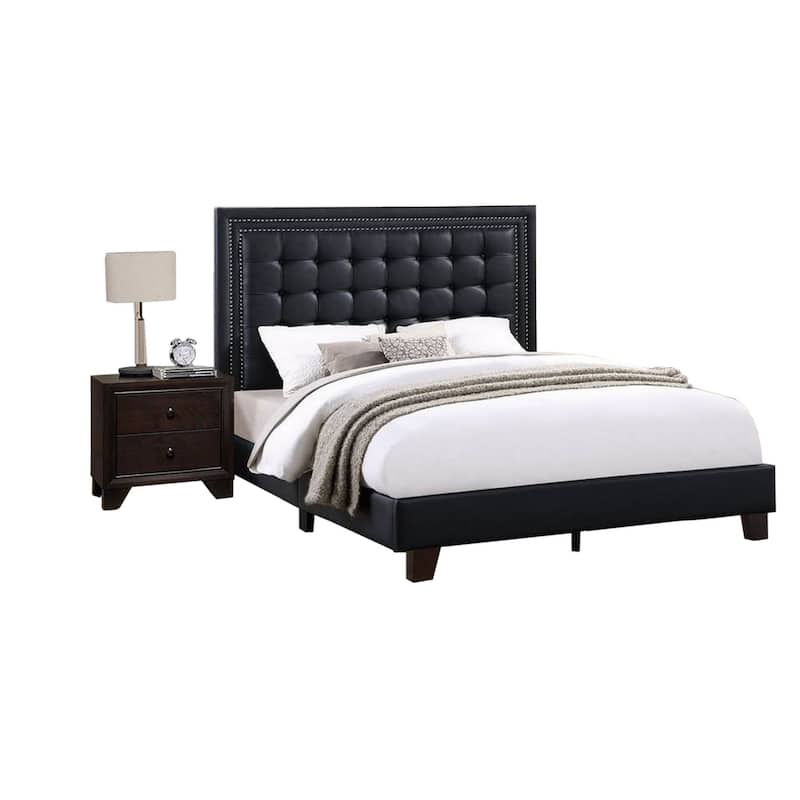 Vea Modern Platform Queen Bed, Deep Tufted Upholstery, Black Faux Leather