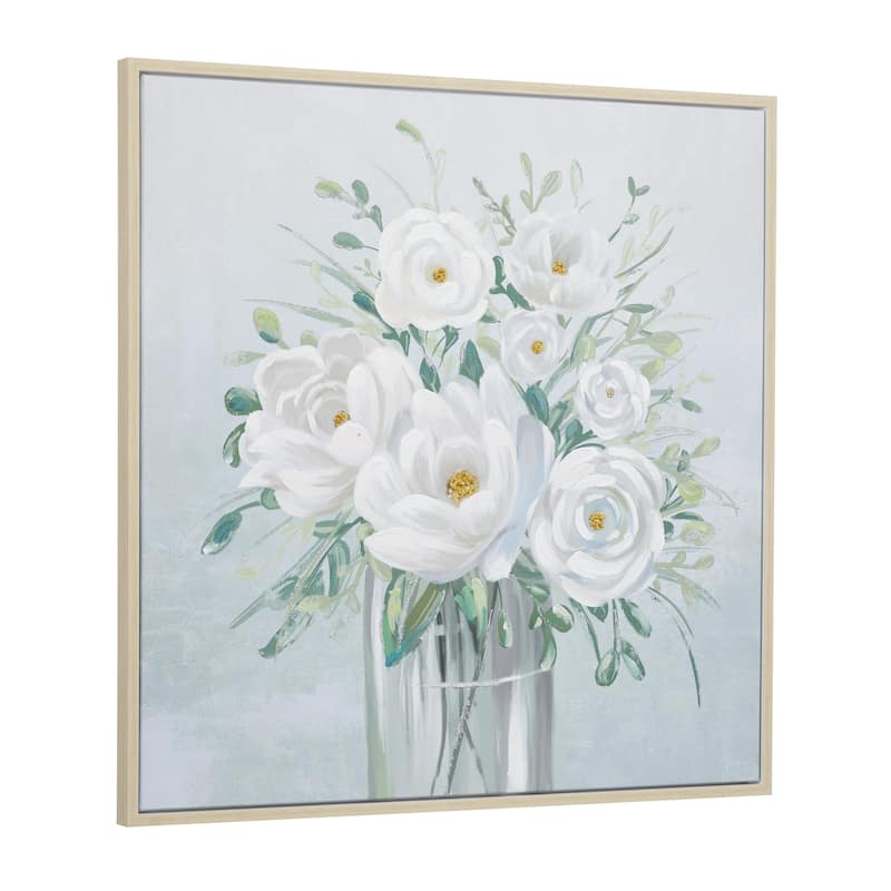 Canvas Floral Bouquet Framed Wall Art with Tan Frame - White - Roche River Decor