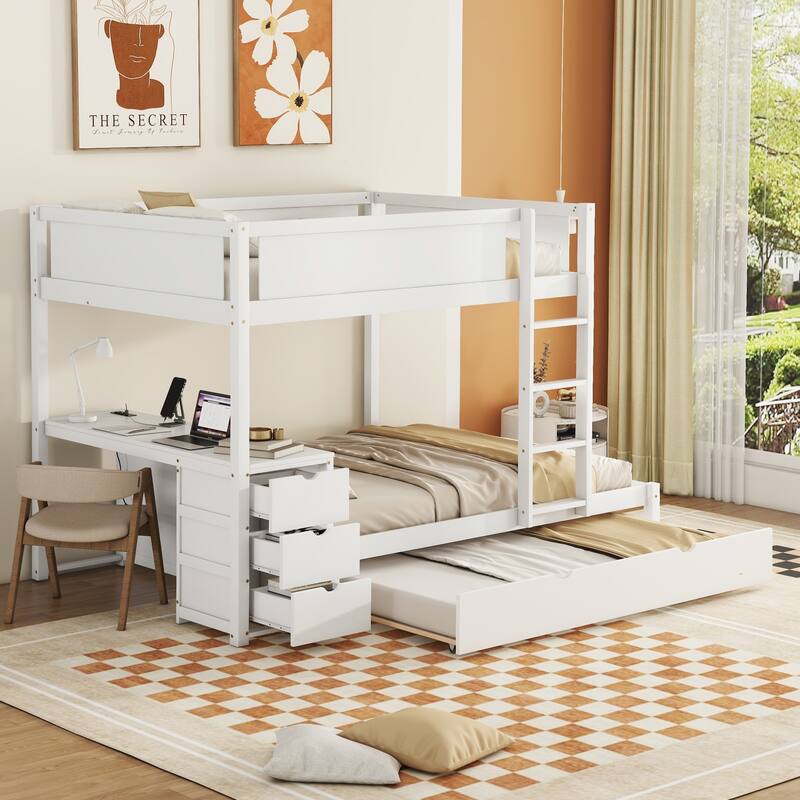 Full-Over-Full Bunk Bed with Twin Trundle, Storage Desk, White - White
