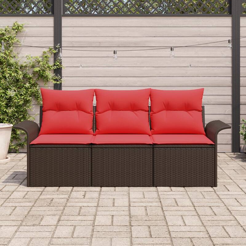 vidaXL 3-Seater Garden Sofa with Cushions Black/Brown/Grey Poly Rattan - 24.4 x 77.2 x 27.2