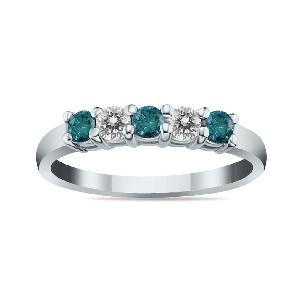 Marquee 5 Stone Blue and White Diamond Ring in 14K White Gold