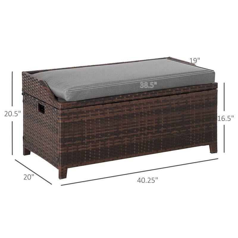 Outsunny PE Rattan Patio Storage Bench with Interior Water-Fighting Cloth Bag & Comfortable White Top Cushion