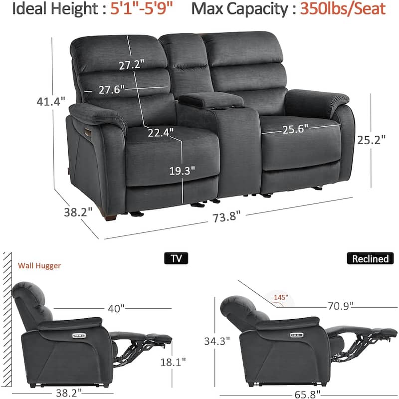 MCombo 61.6'' Wall Hugger Power Loveseat Recliner Sofa with Adjustable Headrest and USB A & C Charge Ports