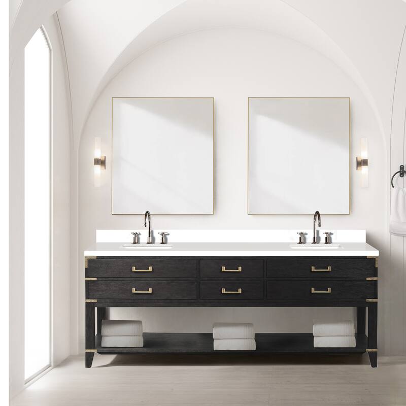Norwalk 60 in W x 22 in D Black Oak Double Bath Vanity, White Quartz Top, and 28 in Mirrors