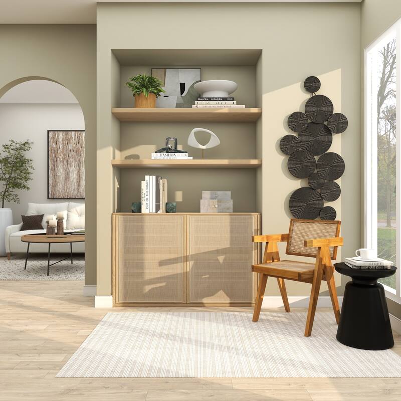 Teak Wood Living Room Accent Chair with Leather or Woven Cane Seat